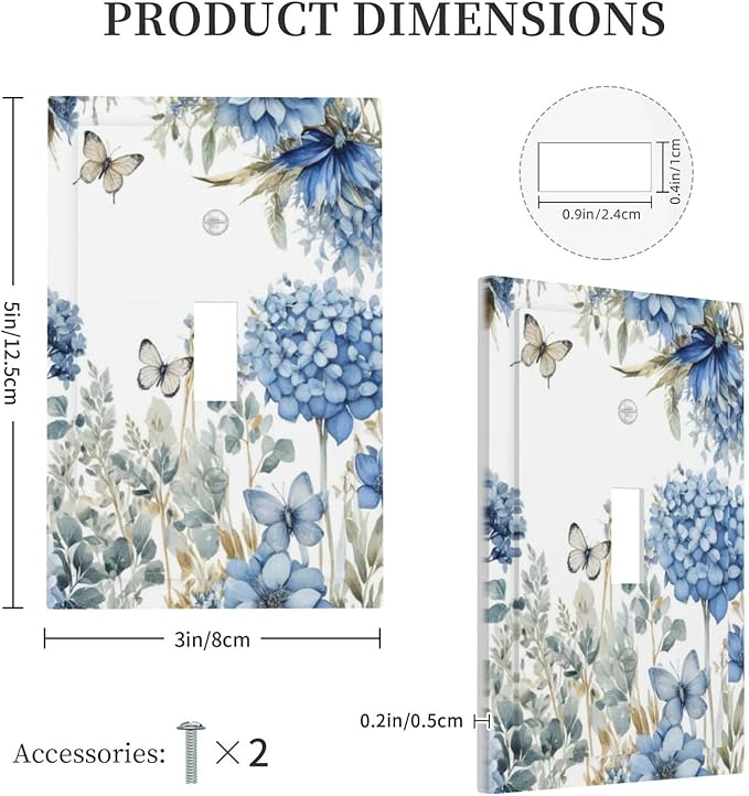 Decorative Light Switch Plate Covers Boho Blue Flowers Rustic Beige Butterfly Leaves 1 Gang Wall Plate Single Toggle Switch Cover Plate Jumbo Electrical Switchplate Receptacle Faceplate