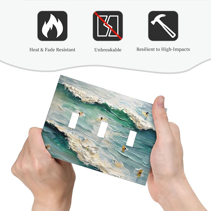 Beach Waves Ocean Surfing Hoverboard Painting Print Decorative Switch Plates 3 Gang Wall Plate Triple Toggle Light Switch Cover Faceplate Electrical Wall Panels for Bedroom Living Room Decor