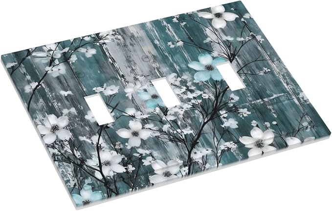 Rustic Blue Watercolor Flower Wooden Background Decorative Switch Plates 3 Gang Wall Plate Triple Toggle Light Switch Cover Faceplate Electrical Wall Panels for Bedroom Living Room Decor