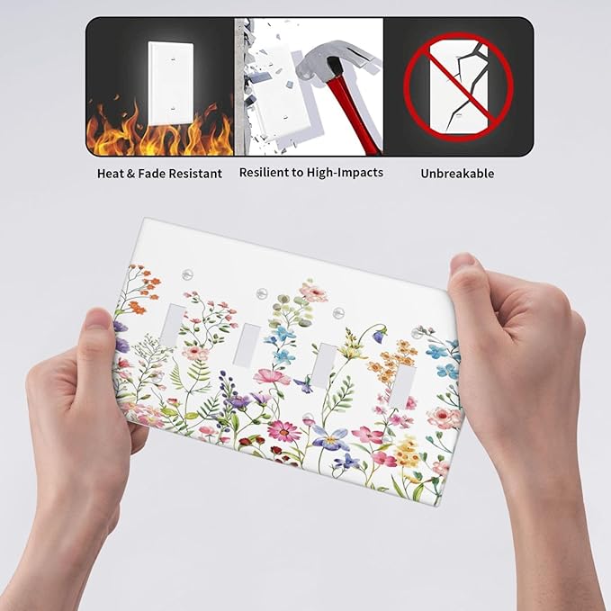 Boho Watercolor Wildflowers Floral Plants Flower Light Switch Covers Quad Toggle Electrical Faceplate 4 Gang Wall Plate Decorative Switch Plates Cover for Bedroom Living Room Decor