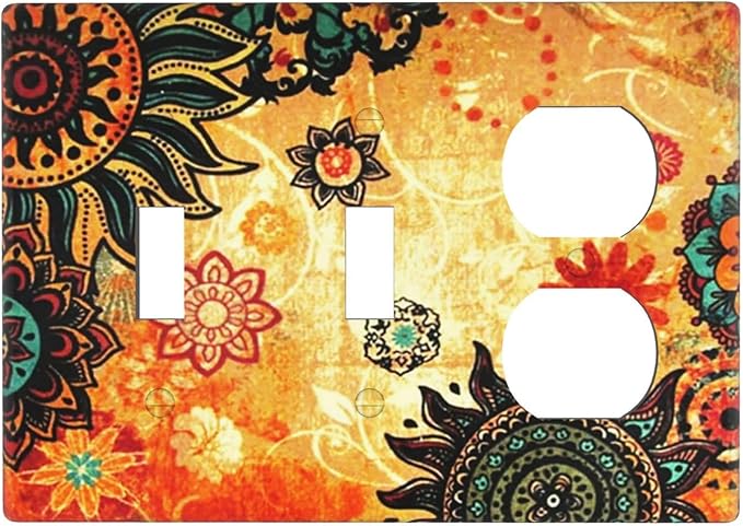 Red Orange Boho Bohemian Flower Floral 3-Gang 2-Toggle 1-Duplex Receptacle Combination Light Switch Decorative Triple Combo Device Switches/Rocker Outlet Covers and Wall Plate