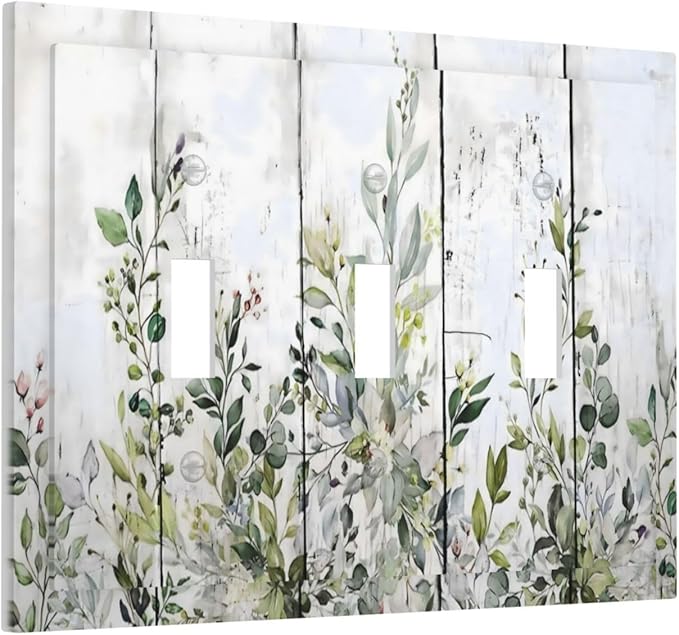 Sage Green Eucalyptus Rustic Country Botanical Leaf Flower Decorative Switch Plates 3 Gang Wall Plate Triple Toggle Light Switch Cover Faceplate Electrical Wall Panels for Farmhouse Bedroom Decor