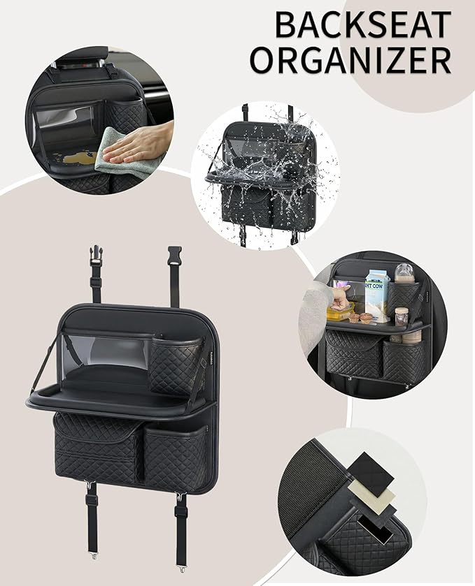 PU Leather Backseat Car Organizer with Tray, Cup Holder, Tablet Pocket & Tissue Holder, Back Seat Car Organizer for Kids and Women, Universal Car Seat Storage Organizer (Black)
