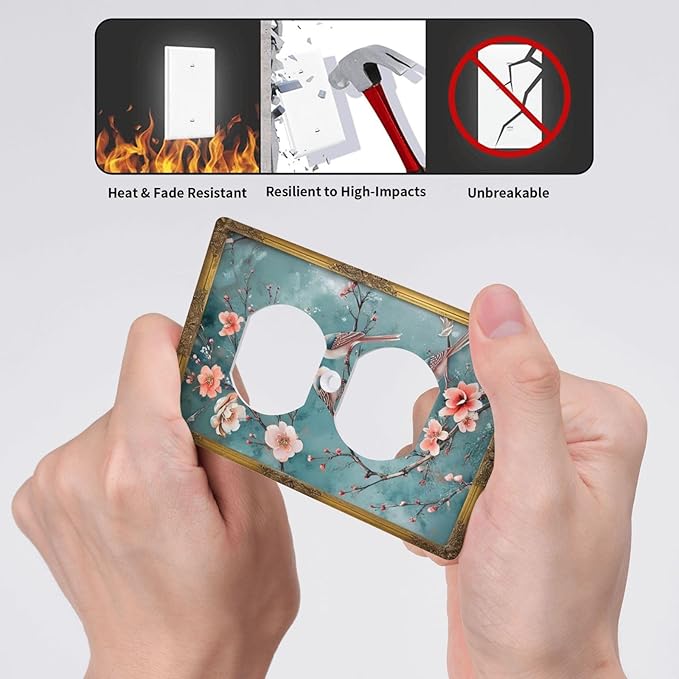 Decorative Art Light Switch Covers Vintage Chinoiserie Oriental - Teal Birds and Floral Branch 1 Gang Single Duplex Outlet Wall Plate Switchplate Electrical Faceplate for Home Decor