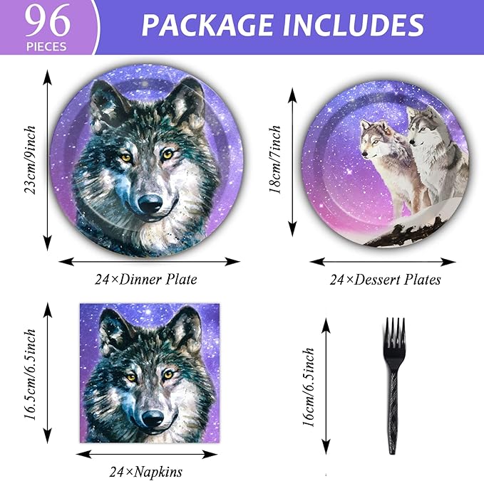 96 Pcs Wolf Party Plates Napkins Tableware Set Wolf Animal Birthday Supplies Disposable Dinnerware Wolves Decoration Favors for Boys Girls Birthday Baby Shower, 24 Guests