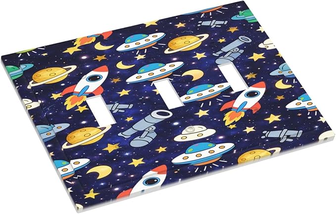 Decorative Light Switch Cover Plate Space-themed Rocket Spaceship 3 Gang Wall Plates for Electrical Triple Toggle Switch Plate Covers Outlet Covers Faceplate for Children's Room Decor