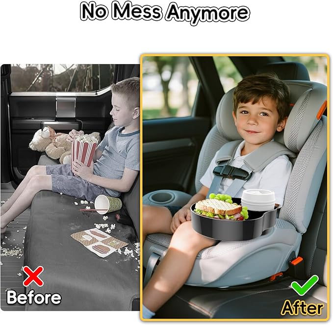 Kids Car Seat Tray, Travel Tray with Cup Holder for Toddler, Baby Car Seat Food Snack Organizer for Road Trip, Stroller snack tray travel must haves (Black 2 Packs)