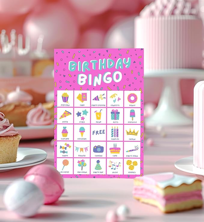 Markt Birthday Bingo Game for Kids Birthday Party Games, Kids Party Games Supplies - 23 Players - Pink