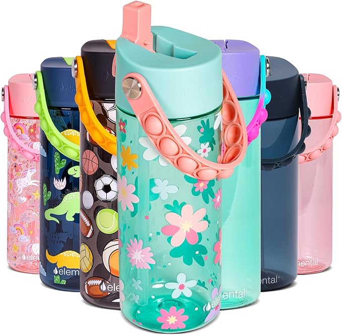 Elemental Water Bottles for Kids - Splash Kids Water Bottle for School with Pop-it Handle - BPA Free Tritan Plastic Water Bottle with Straw Leak Proof when Spout is Closed Spring Blossom Green-18oz