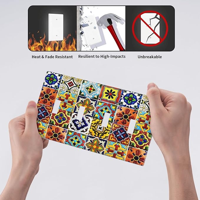 Boho Mexican Moroccan Tile 4 Gang Quad Toggle Device Light Switch Cover Decorative Wall Plate Decorative Electrical Faceplate Outlet Cover