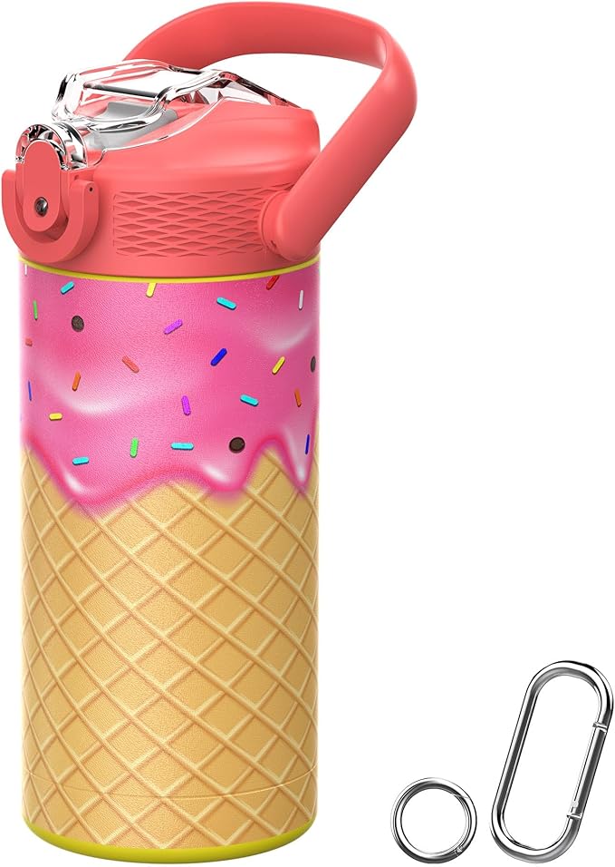 MYFOREST 14oz/400ml Insulated Kids Water Bottle, Odor-Free Surgical Grade Liner, Dishwasher-Safe, Name Spot, Soft Sipper, Gift for Sweet Tooth (Strawberry Ice Cream)