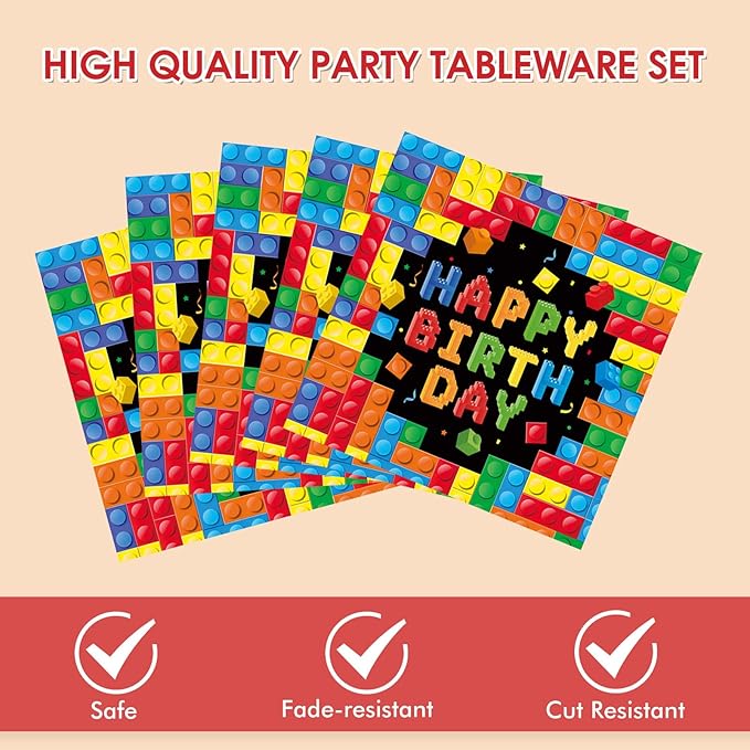 40Pcs Building Block Party Supplies Building Blocks Birthday Paper Plates Tableware Set Colorful Blocks Supplies Include Paper Plates Napkins for Birthday Party Decor Supplies