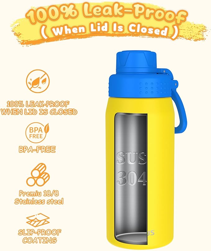 GOPPUS 19oz Kids Water Bottle with Spout Lid, Toddler Water Bottle, Stainless Steel Insulated Water Bottle, Leakproof, BPA Free, Suitable for Boys and Girls for School（Yellow）