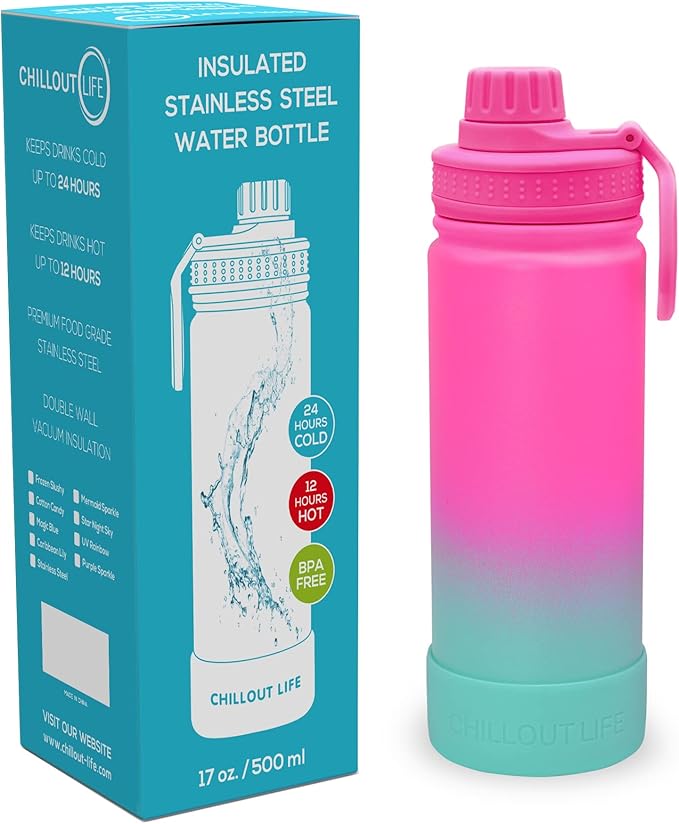 CHILLOUT LIFE 17 oz Kids Insulated Water Bottle for School with Leakproof Spout Lid and Cute Waterproof Stickers, Personalized Stainless Steel Thermos Flask Metal Water Bottle for Girls & Boys