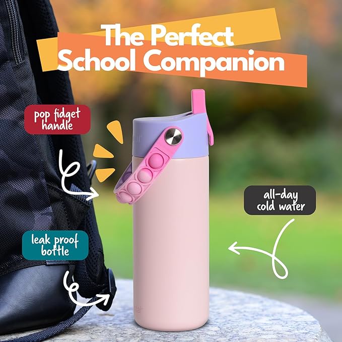 Elemental Insulated Kids Water Bottle, Stainless Steel Water Bottle with Straw Lid & Pop-It Handle, Leak-Proof Water Bottles for School, Boys or Girls, Travelling and Sports, 18oz - Pink Tie Dye