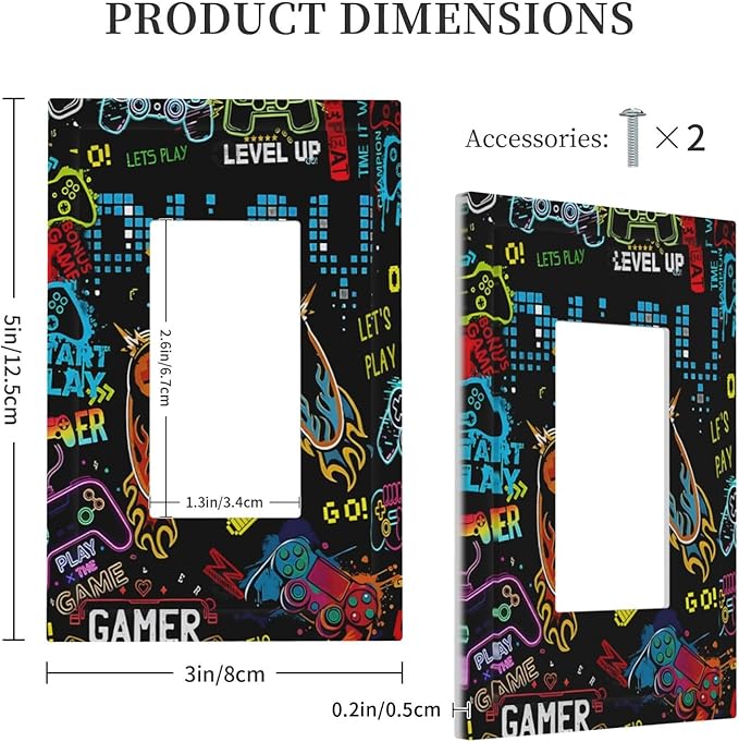 Gamer Video Game Themed Cool Controller Print Decorative Outlet Covers 1 Gang Single Rocker Light Switch Cover Plate Wall Plates GFCI Faceplate for Kids Room Office Decor