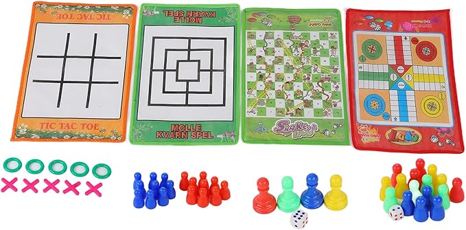 Snake and Ladder Chess, 4 in 1 Kid Table Game Set Foldable Nine Men's Morris Portable Flying Chess Ludo Board for Family Game