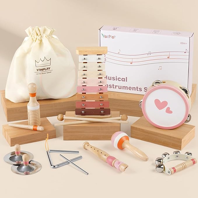 Vanplay Musical Toys for 2 Year Old Girls Easter Birthday Gifts, Montessori Toys for 2 3 Year Old, 8 in 1 Wooden Musical Instruments with Xylophone/ Tambourine/Maracas for Toddler 2-4