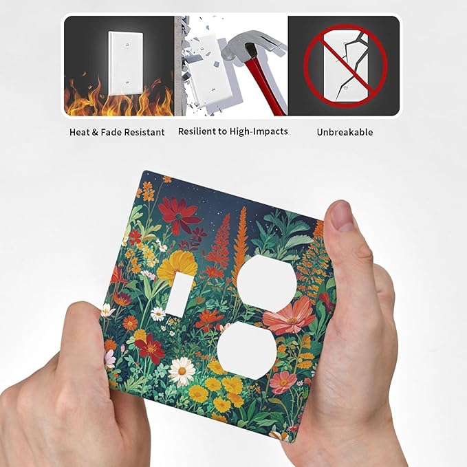 Decorative Switch Cover Plate with Wildflowers & Stars Botanical Floral Art Design Toggle Duplex Wall Plate 2 Gang Light Switch Cover Outlet Covers for Garden Theme Wall Decor