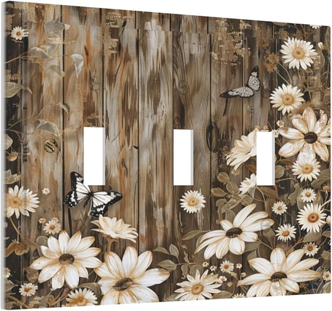 Light Switch Cover Plate Rustic Wood Butterflies Flowers Botanical 3 Gang Triple Toggle Decorative Switch Plates Wall Plates Electrical Switchplate Faceplate for Farmhouse Cabin Decor