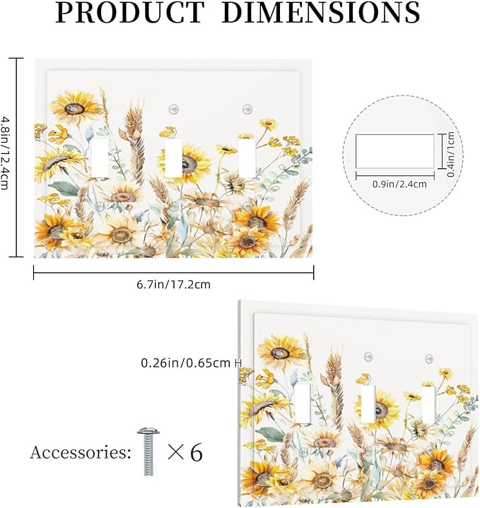 Yellow Floral Sunflowers Wheat Ears Watercolor Wild Flowers Decorative Switch Plates 3 Gang Wall Plate Triple Toggle Light Switch Cover Faceplate Electrical Wall Panels for Bedroom Living Room Decor
