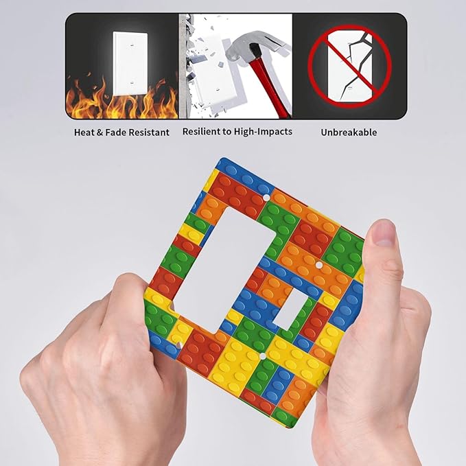 Light Switch Cover Colorful Building Block 2 Gang Toggle Rocker Combo Socket Cover Wall Plates Decorative Switch Plates and Outlet Covers for Kids Room Home Decor