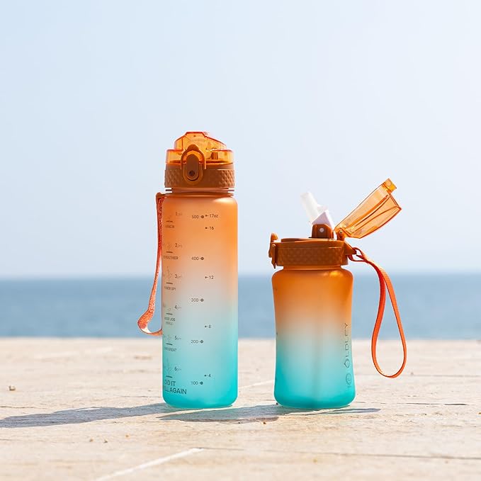 OLDLEY Kids Water Bottle for School, 17 oz (2 lids) BPA-Free Reusable Leak-proof Durable Tritan Plastic Water Bottles with Straw & Chug Lids, Anti-dust Spout Cover (Sunflower)