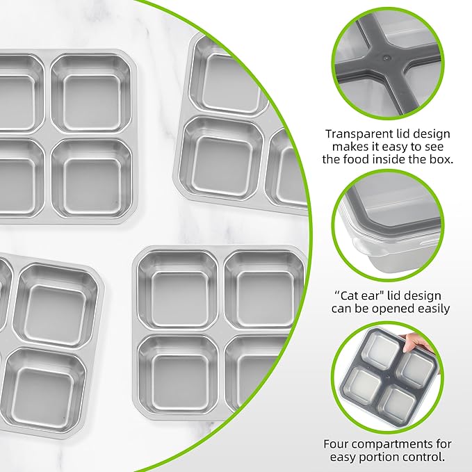 BEFOY 4 Pack Stainless Steel Snack Containers with Lids 4 Compartment Food Storage Containers for Adults & Kids Meal Prep Containers Reusablele (Gray, 4)