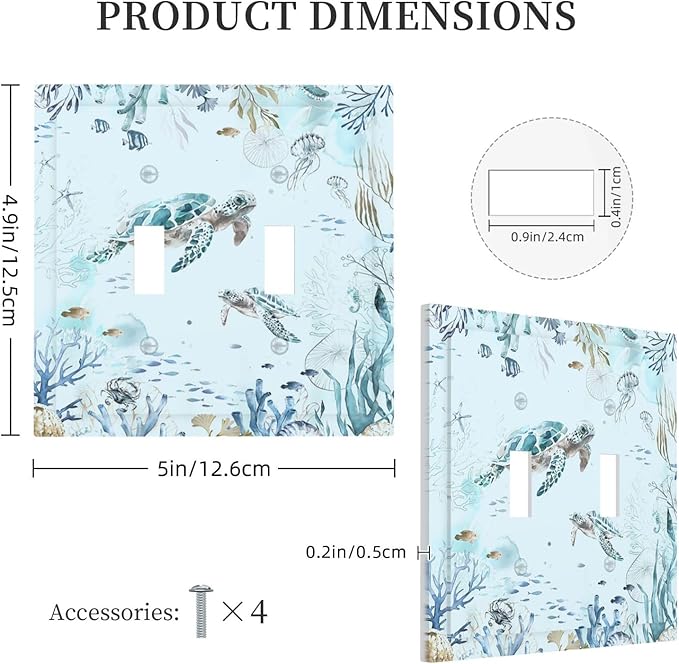 Decorative Switch Plates Teal Blue Ocean Sea Turtle Seabed Plants 2 Gang Double Toggle Wall Plate Outlet Light Switch Cover Electrical Faceplate for Bathroom Kids room Decor