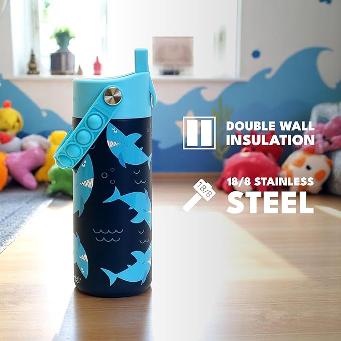 Elemental Insulated Kids Water Bottle, Stainless Steel Water Bottle with Straw Lid & Pop-It Handle, Leak-Proof Water Bottles for School, Boys or Girls, Travelling and Sports, 18oz - Sharks Ahoy