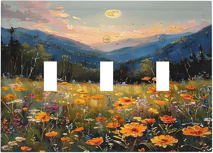 Sunset Wild Flower Field Floral Nature Landscape Decorative Switch Plates 3 Gang Wall Plate Triple Toggle Light Switch Cover Faceplate Electrical Wall Panels for Farmhouse Bedroom Decor
