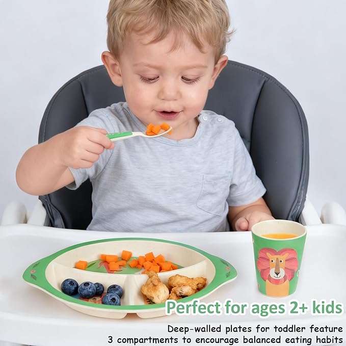Kids Dinnerware Set, 5-Piece Mealtime Tableware for Children & Toddlers – Includes Divided Plate, Bowl, Cup, Fork & Spoon – Natural Bamboo Fiber, BPA-Free, Dishwasher Safe (Forest Animal)