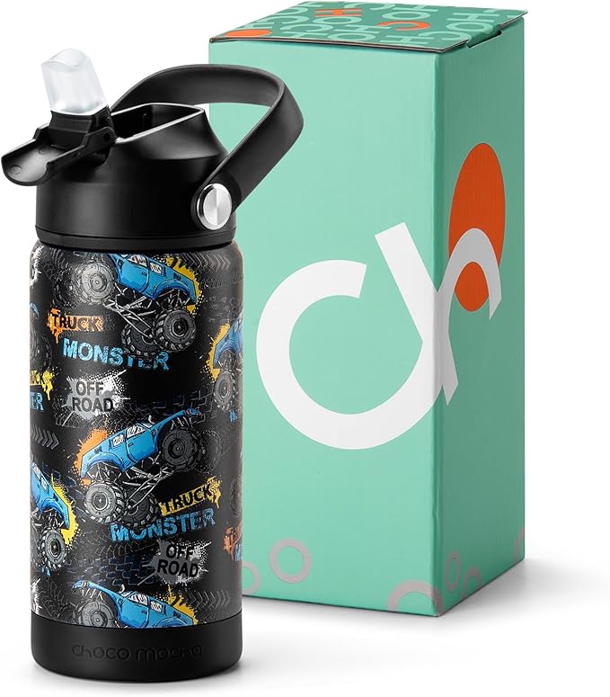 Choco Mocha Kids Water Bottle For School, Kids Insulated Water Bottle Stainless Steel for Boys,14Oz Monster Truck