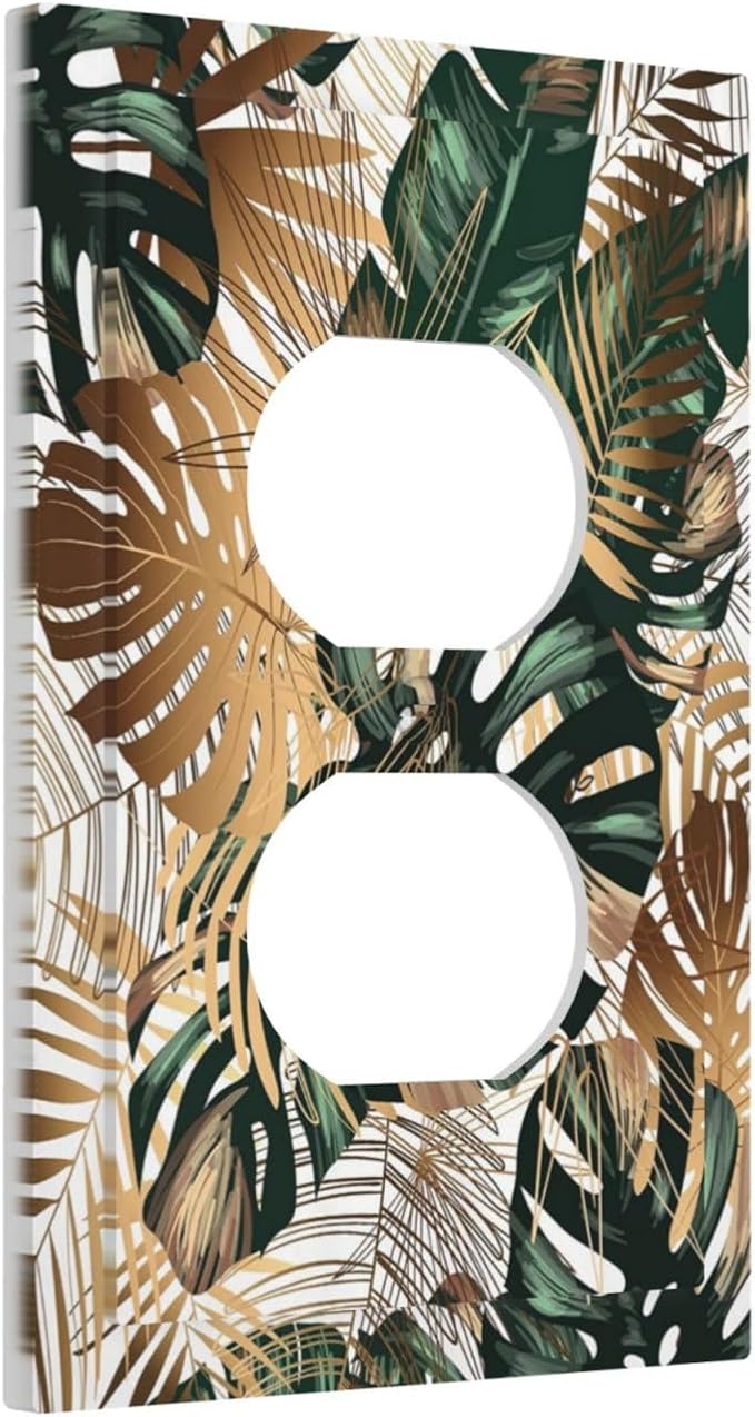 Green Tropical Leaves Gold Palm Leaf Botanical 1 Gang Outlet Plate Decorative Single Duplex Wall Plate Covers Unique Electrical Receptacle Light Switch Cover Faceplate Switchplate for Bedroom Decor