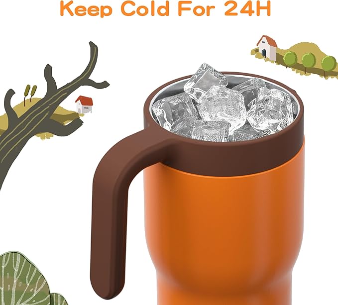 OISIZ 14oz Kids Tumbler with Straw Lid & Handle,Kids Cup with Animal Accessory for School,Kids Water Bottles with Dust-proof Cover,Leakproof Water Bottles,316 Stainless Steel,Keep Cold 24 Hours-orange