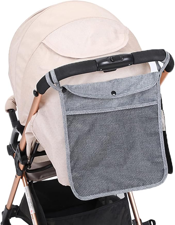 Portable Stroller Hanging Bag with Two Storage Pockets Stroller Bag Organizer for Nappy Baby Cloth/Bottle/Toy, Stroller Hanging Storage Net Bag, Grey