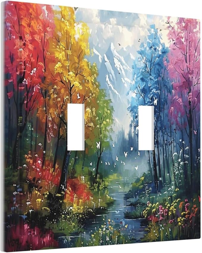 Colorful Forest Snow Mountain River Oil Painting Style Decorative Switch Plates 2 Gang Double Toggle Outlet Light Switch Cover Wall Plate Electrical Faceplate for Bedroom Living Room Decor