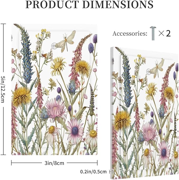 Light Switch Cover Botanical Wildflowers Dragonfly Colorful Floral Decorative Switch Plates 1 Gang Blank No Device Outlet Covers Electrical Wall Plates for Bathroom Bedroom Decor