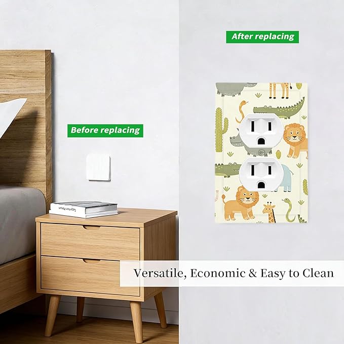 Playful African Safari Animals Duplex Wall Plate - 1-Gang Standard US Size Cute Hippo Crocodile Lion Elephant And Giraffe Funny Wildlife Outlet Covers for Boys & Girls Room Decor