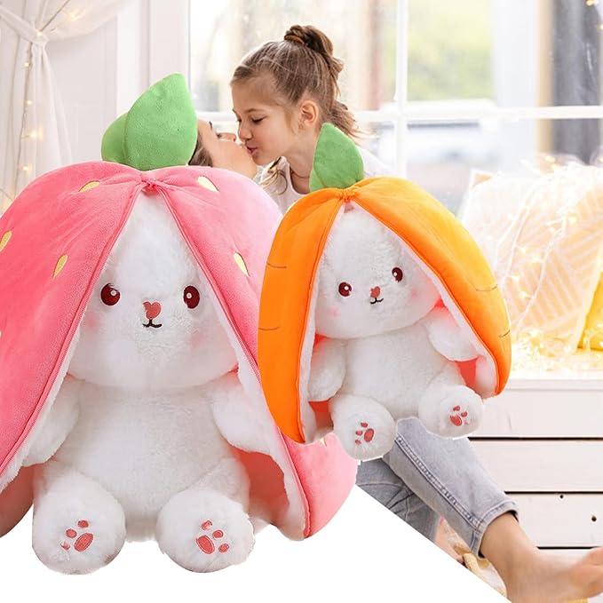 2PCS Bunny Plush Doll Toy Pillow, Reversible Carrot Strawberry Stuffed Animal with Zipper, Cute Rabbit Decoration for Kids & Adult Birthday Party Gift (10'' Strawberry+Carrot) (KP307)