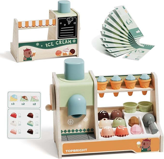 TOP BRIGHT Wooden Ice Cream Pretend Play Toys, Play Kitchen Set for Kids with Ice Cream Counter & Scoop & Menu, Montessori Toys for Boys Girls Capybara Gift Age 3+
