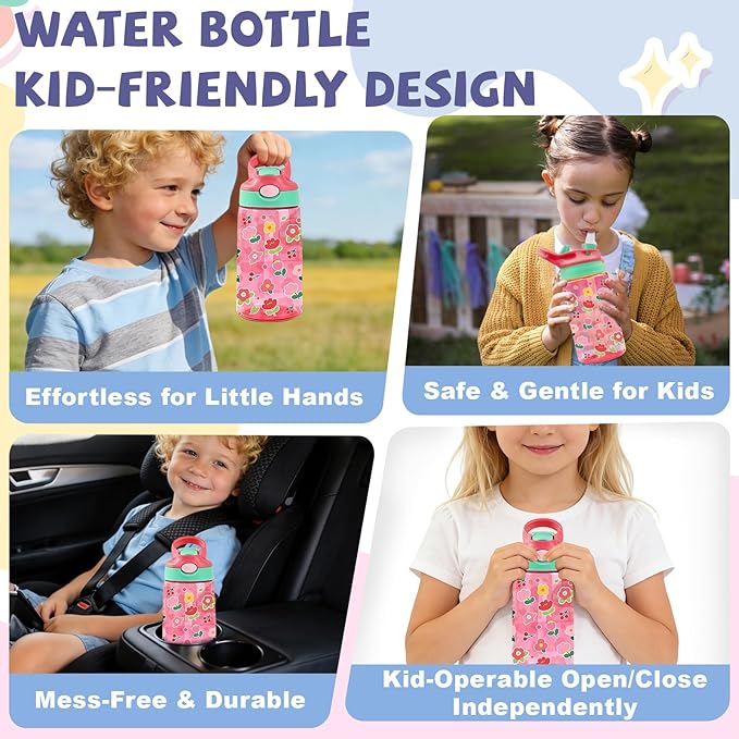 14oz Florals Kids Water Bottle with Straw Lid - Colorful Flowers Water Bottles for Kids, Leakproof, Lightweight, Durable Plastic Bottles for School, Pop-Up Straw Cover, Gift Cup for Girls(Flower)