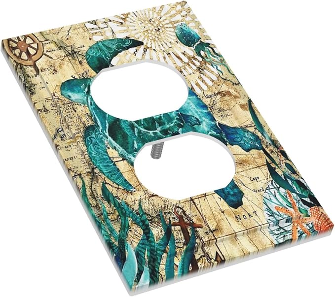 Nautical Ocean Map Tortoise Turtle 1 Gang Outlet Plate Covers Decorative Single Duplex Wall Plate Electrical Receptacle Light Switch Cover Electric Switchplate Country Decor