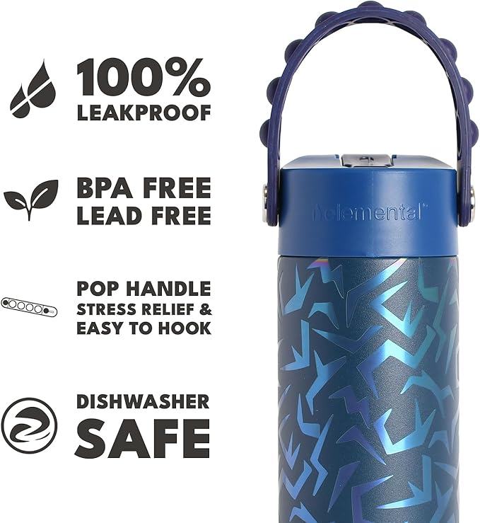Elemental Insulated Kids Water Bottle, Stainless Steel Water Bottle with Straw Lid & Pop-It Handle, Leak-Proof Water Bottles for School, Boys or Girls, Travelling and Sports, 18oz - Dark Patterns