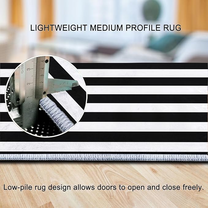 Geometric Horizontal Stripes Washable Soft Living Room Area Rug 3 x 5 ft, Black and White Non-Slip Low-Pile Carpet for Bedroom Dining Room Entryway Office Dorm Kitchen Rug