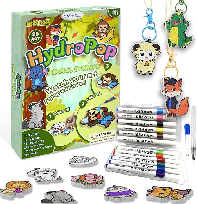 WurLoo Aqua Puffs 3D Art Kit Animals, Magic Foam Texture Painting Kit, Mess-Free Craft for Kids, DIY Color & Inflate Activity, Travel Toys & Creative Gifts for Girls and Boys Ages 4, 5, 6, 7, 8, 9, 10