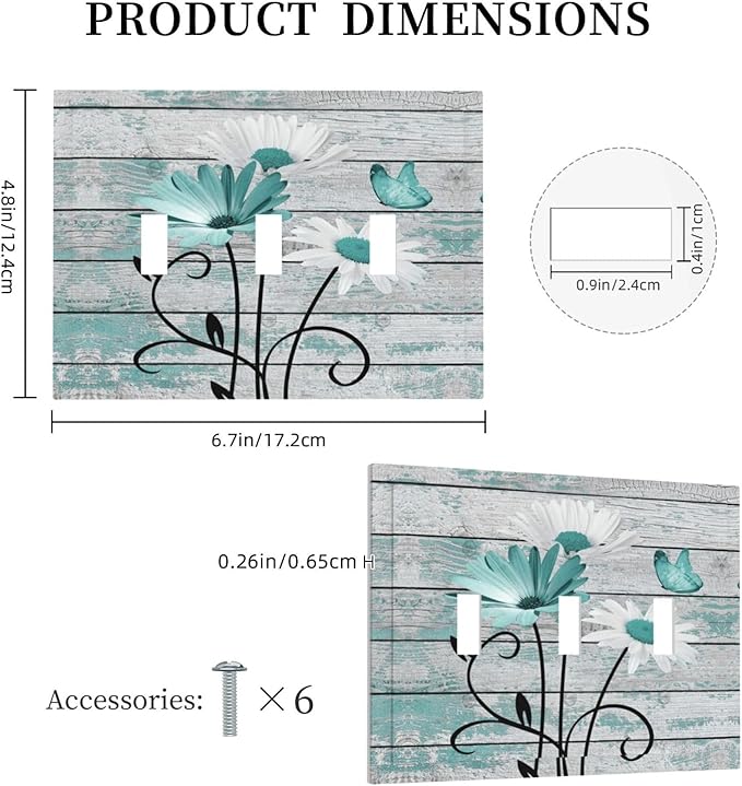 Teal White Daisy Flower Butterfly On Rustic Wood Board Decorative Switch Plates 3 Gang Wall Plate Triple Toggle Light Switch Cover Faceplate Electrical Wall Panels for Farmhouse Bedroom Decor
