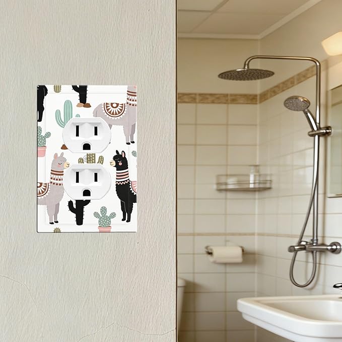 Playful Llama & Cactus Desert Pattern Duplex Wall Plate - 1-Gang Standard US Size Bohemian Desert Animals Outlet Covers for Boys & Girls Room Playroom Decor