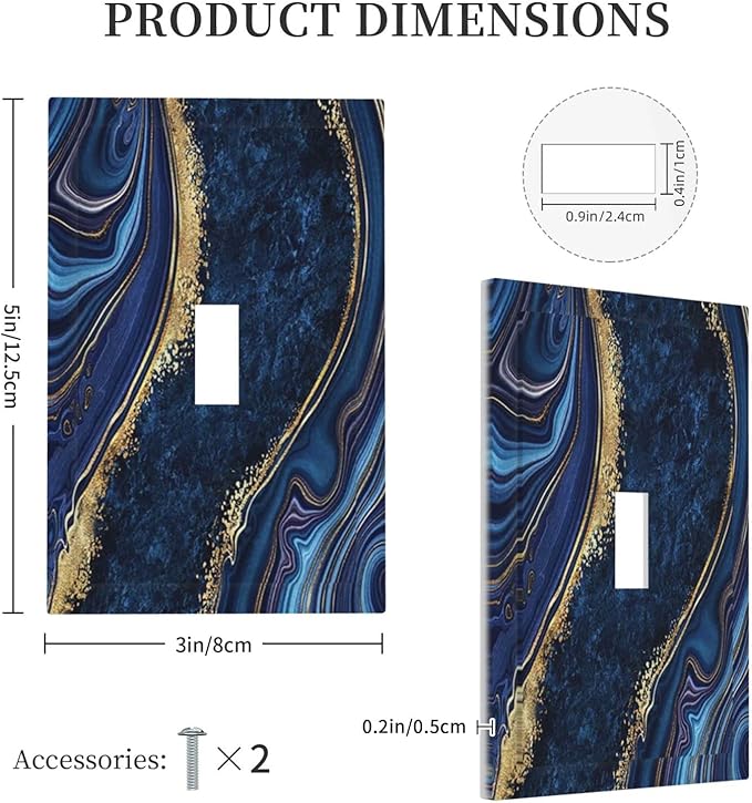 Abstract Navy Blue Marble 1 Gang Light Switch Plate Decorate Single Toggle Wall Plate Cover Electrical Switchplate Faceplate Modern Luxury Art Agate Stone Watercolor Gold Line Boys Bedroom Room Decor