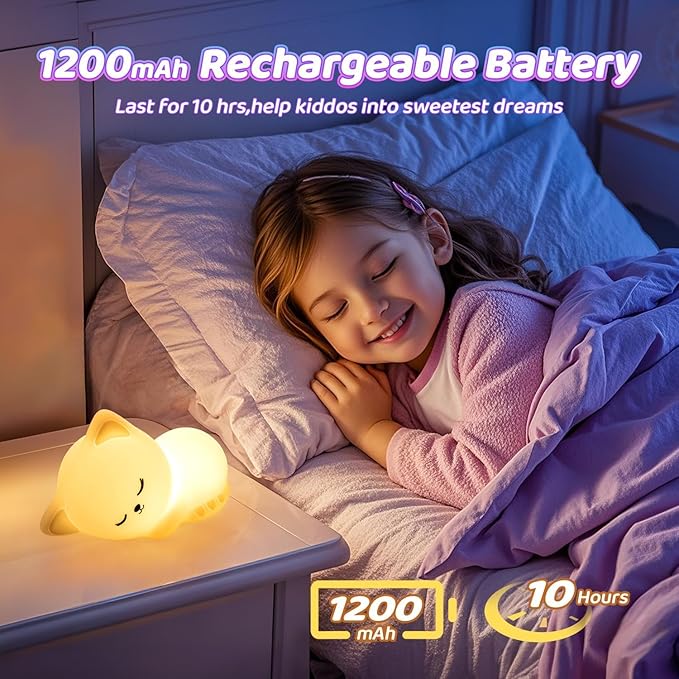 Night Light for Kids,16 Colors Cat Lamp Cute Lamp,Dimmable Baby Night Lights for Nursery,Silicone Rechargeable Nightlight for Kids Room,Kawaii Room Decor,Cat Themed Gifts,Valentines Day Gifts for Kids
